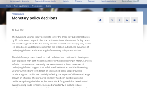 欧洲央行如期降息25个基点 拉加德感叹“身处乱世难言展望”